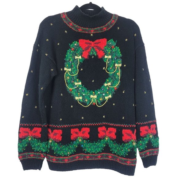 Vintage Sweaters - Vintage 1994 Christmas Wreath Ugly Sweater with Real Ornaments Size Medium